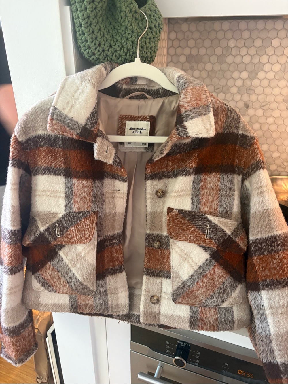 Abercrombie & Fitch Plaid Teddy Shacket in Brown, Cream & Gray
